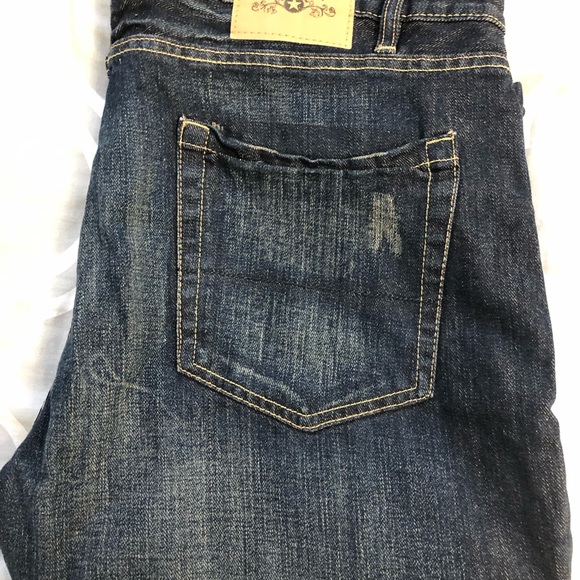 Indigo dark blue Men’s Jeans warn washed hand sand ripped mid rise bootleg Denim - Picture 10 of 11